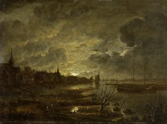 En landsby ved en flod i måneskin, ca. 1645-1700